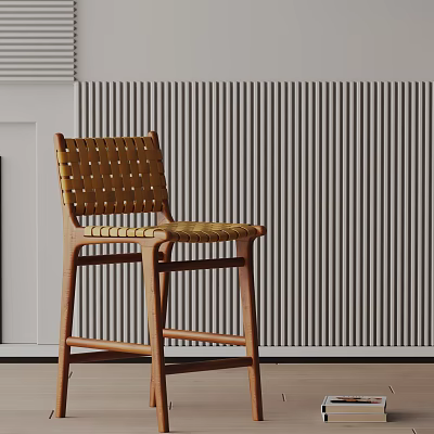 Wooden Bar Stool With Woven Backrest And Natural Seat Design In Modern Style 3d model