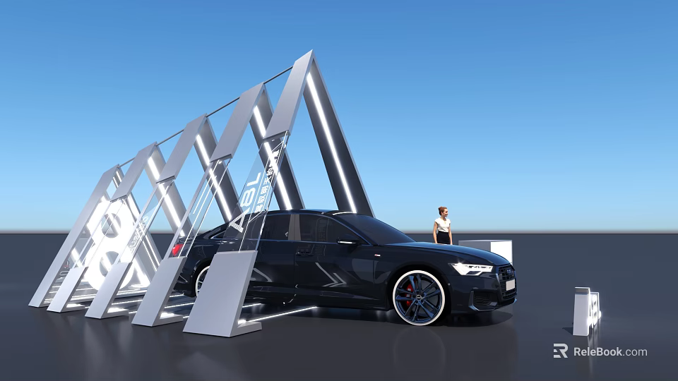 Black Sedan Car Display With Modern Geometric Metal Structure And Standing Person Under Blue Sky 3d model 