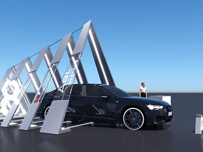 Black Sedan Car Display With Modern Geometric Metal Structure And Standing Person Under Blue Sky 3d model