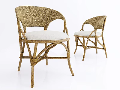 Natural Rattan Leisure Chairs With White Padded Seats And Curved Legs Design 3d model