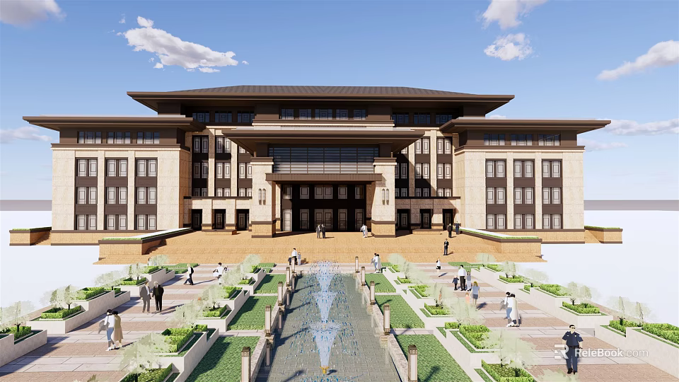 Grand Traditional Public Building With Symmetrical Facade Courtyard Fountain And Landscaped Gardens 3d model 