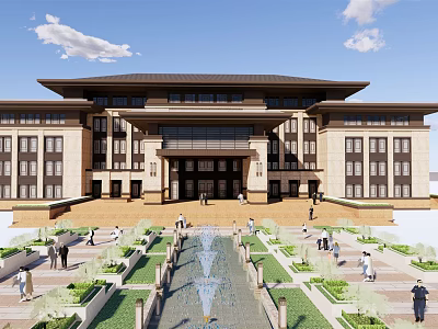 Grand Traditional Public Building With Symmetrical Facade Courtyard Fountain And Landscaped Gardens 3d model