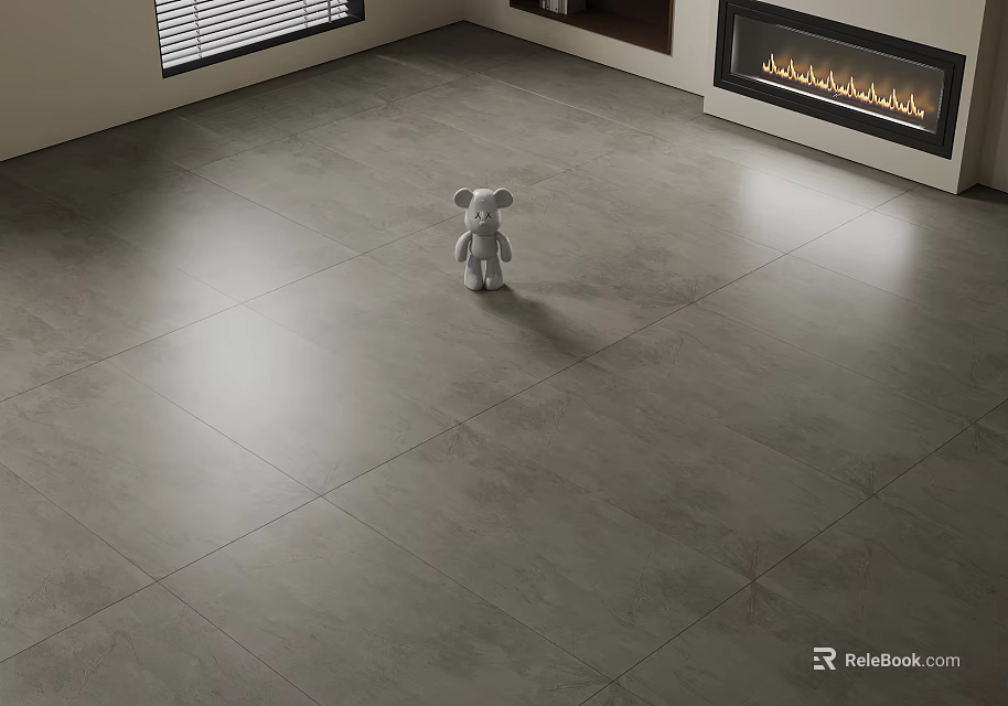 Grey Floor Tiles In Modern Living Room With Fireplace 3d model 