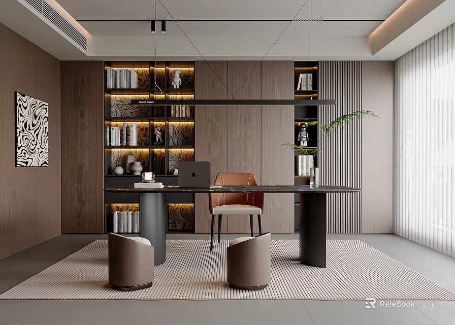 Modern Study Room Interior With Bookshelves Desk Chair Potted Plant And Decorative Rug 3d model 