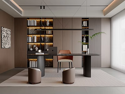 Modern Study Room Interior With Bookshelves Desk Chair Potted Plant And Decorative Rug 3d model
