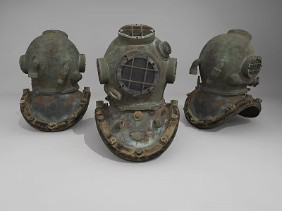 Three Vintage Brass Fire Helmets Classic Fire Equipment With Rustic Design 3d model