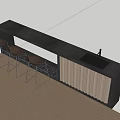 Modern Bar Counter With Dark Top Three Brown Stools And Wooden Slat Panels