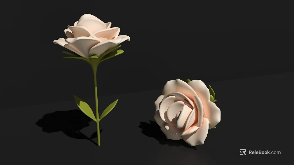 Decorative Ornament Set With Two White Roses Green Leaves And Stems 3d model 