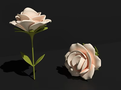 Decorative Ornament Set With Two White Roses Green Leaves And Stems 3d model