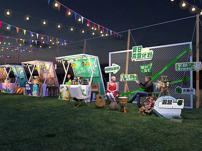 Vibrant Commercial Street Evening With White Noise Music Festival Tents String Lights And Outdoor Performances 3d model