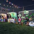 Vibrant Commercial Street Evening With White Noise Music Festival Tents String Lights And Outdoor Performances