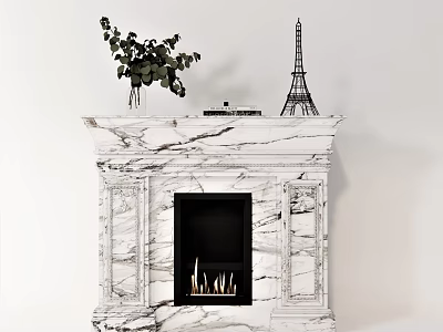 Marble Fireplace Interior Design With Eiffel Tower Model Plants Books And Flames 3d model