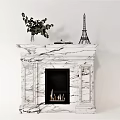 Marble Fireplace Interior Design With Eiffel Tower Model Plants Books And Flames
