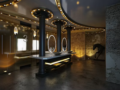 Modern Hotel Bathroom Interior With Marble Counter Round Mirrors And Ambient Lighting 3d model