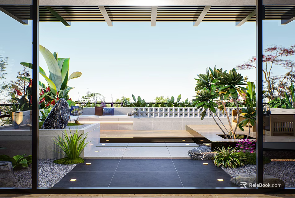 Beautiful Home Balcony Design With Lush Plants Seating Area And Stone Flooring 3d model 