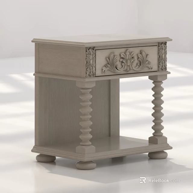Elegant Light Tone Wooden Side Table With Carved Drawer And Twisted Column Legs 3d model 