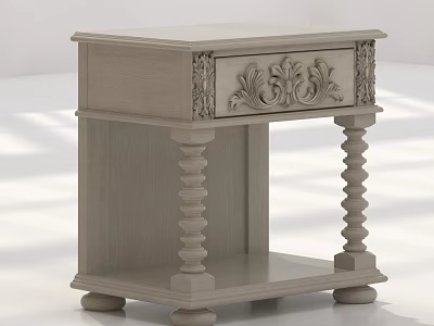Elegant Light Tone Wooden Side Table With Carved Drawer And Twisted Column Legs 3d model
