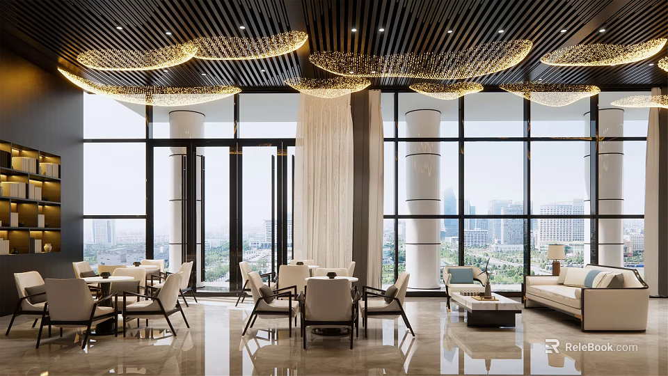 Elegant Modern Lounge Area With Large Windows City View Wooden Ceiling And Chandeliers 3d model 
