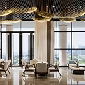 Elegant Modern Lounge Area With Large Windows City View Wooden Ceiling And Chandeliers