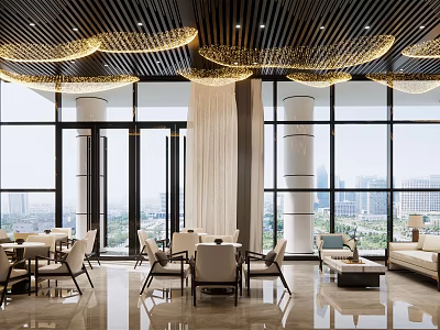 Elegant Modern Lounge Area With Large Windows City View Wooden Ceiling And Chandeliers 3d model