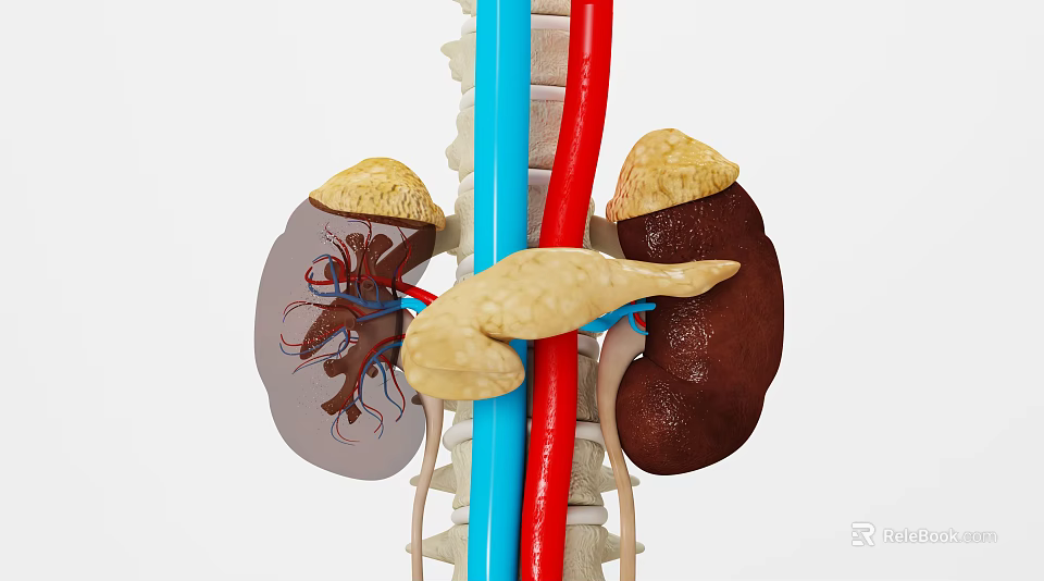 Detailed Anatomical View of Abdominal Organs Including Kidneys Pancreas Spine and Blood Vessels 3d model 
