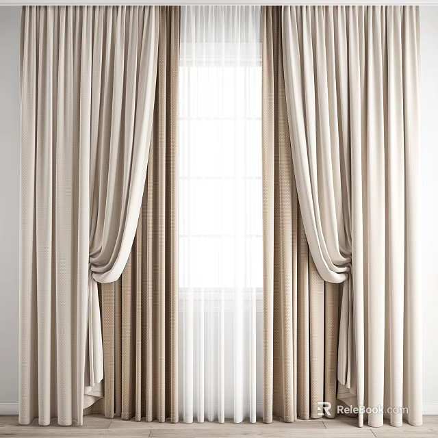 Elegant Beige Curtains With Sheer Layers And Tied Drapes For Window Decor 3d model 