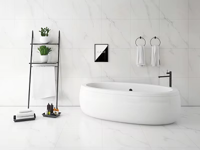 Bathroom Set Featuring White Bathtub Marble Walls Black Shelf Green Plants Towels and Towel Rings 3d model