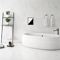 Bathroom Set Featuring White Bathtub Marble Walls Black Shelf Green Plants Towels and Towel Rings