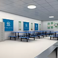 Cafeteria Interior With Blue Long Tables Benches Wall Banners And Ceiling Lights 3d model