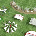 Outdoor Tensile Membrane Playground Structures With Various Shapes On Green Lawn