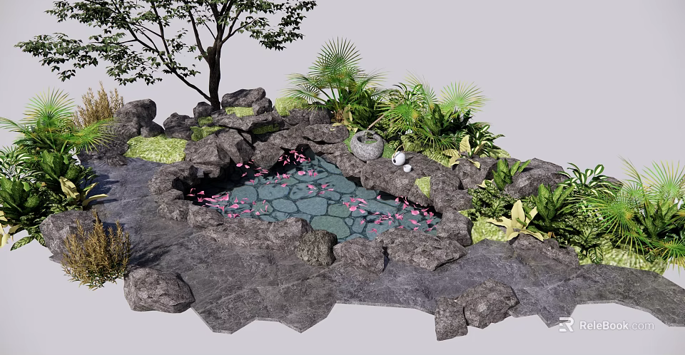 Beautiful Garden Ornament with Small Pond Pink Flowers Rocks and Lush Green Plants 3d model 