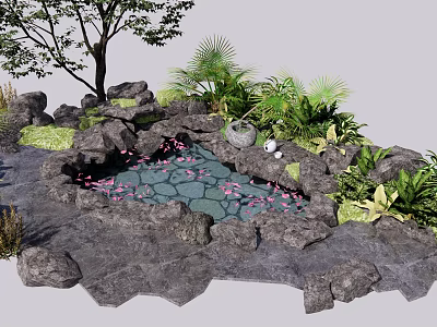 Beautiful Garden Ornament with Small Pond Pink Flowers Rocks and Lush Green Plants 3d model