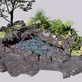 Beautiful Garden Ornament with Small Pond Pink Flowers Rocks and Lush Green Plants
