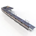 Long Narrow Metal Water Vessel With Extended Deck Railings And Platform