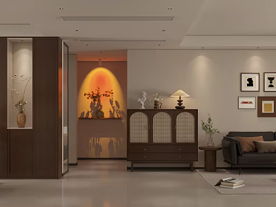 Warm Retro Modern Living And Dining Space With Solid Wood Furniture And Gentle Ambient Lighting 3d model