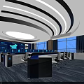 Modern Control Room With Workstations Large Screens Curved Ceiling And Windows 3d model