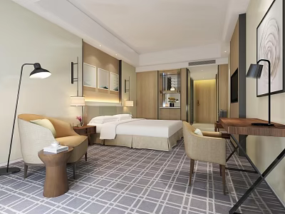 Elegant Modern Hotel Room With King Bed Armchair Floor Lamp Checkered Carpet And Desk 3d model