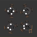 Wooden Dining Tables And Chairs Set With Round Tables Plates And Wine Bottles