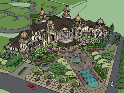 Grand Domed Hotel Building With Lush Landscaped Gardens Central Fountain And Pool Area 3d model