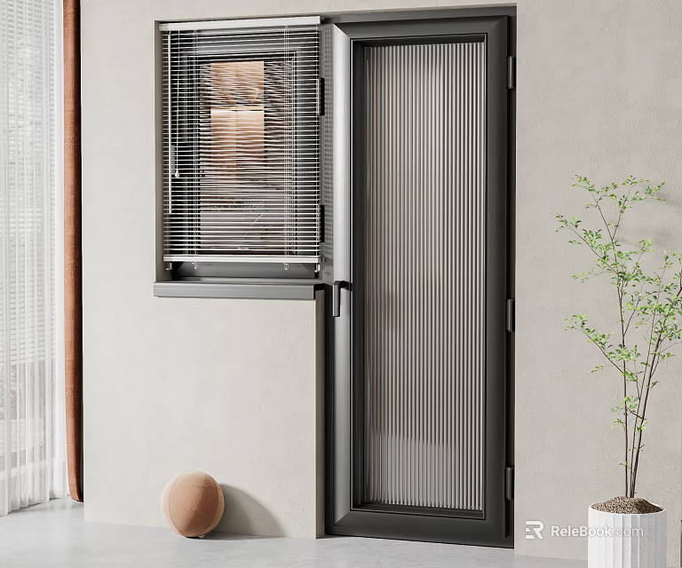 Modern Swing Door With Black Frame And Glass Panel In Interior With Decorative Plant 3d model 