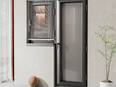 Modern Swing Door With Black Frame And Glass Panel In Interior With Decorative Plant 3d model