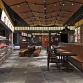 Traditional Restaurant Interior With Stained Glass Windows Hanging Pendant Lights Long Tables And Leather Benches
