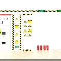 Industrial Fire Equipment Setup With Warning Signs Stripes Extinguishers And Exit Doors