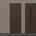 Two Brown Swing Doors With Small Square Emblem Vertical Carved Pattern And Metal Door Handle