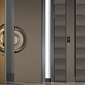 Modern Double Doors with Textured Surfaces Metal Accents and Circular Decorative Panels