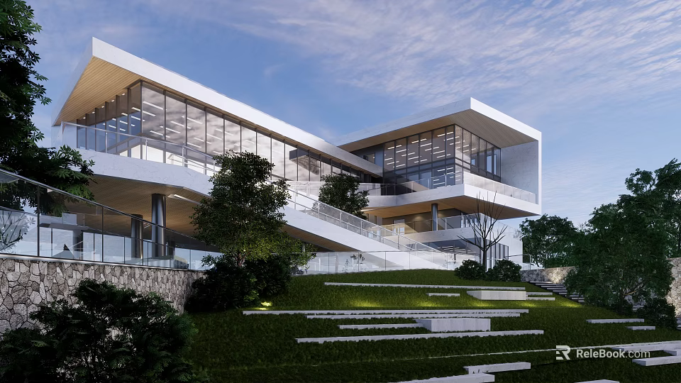 Modern Sales Office Building Featuring Glass Curtain Wall Stairs And Greenery Surroundings 3d model 