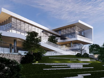 Modern Sales Office Building Featuring Glass Curtain Wall Stairs And Greenery Surroundings 3d model