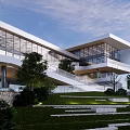 Modern Sales Office Building Featuring Glass Curtain Wall Stairs And Greenery Surroundings