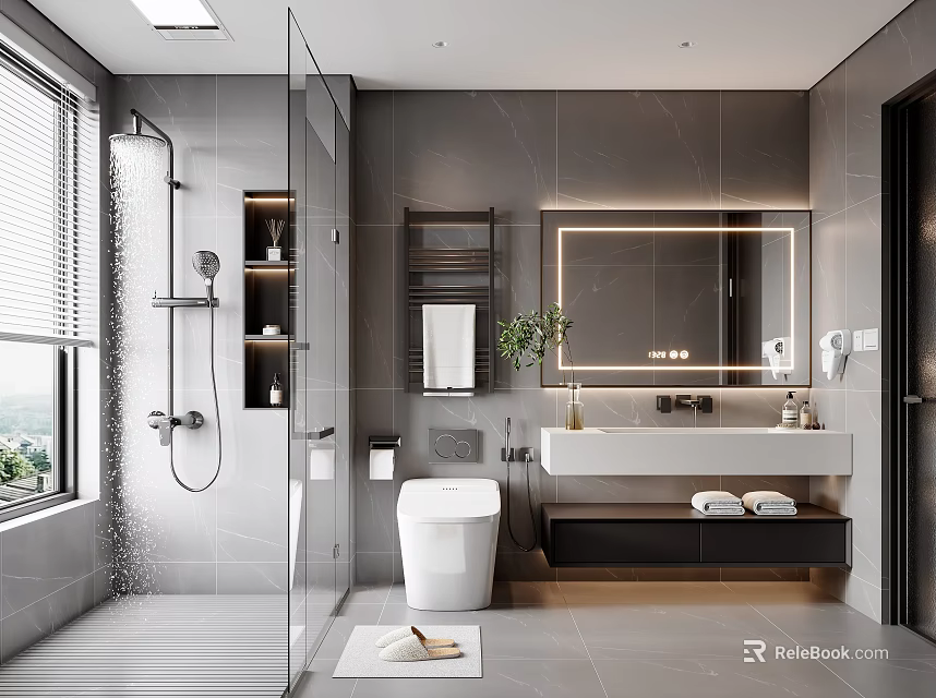 Modern Bathroom Interior Design With Grey Tiles Glass Shower And Vanity Mirror 3d model 