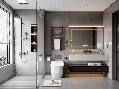 Modern Bathroom Interior Design With Grey Tiles Glass Shower And Vanity Mirror 3d model